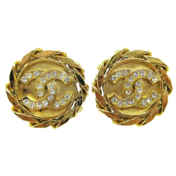 CHANEL CC Logos Button Motif Rhinestone Earrings Clip-On - Picture 4 of 5
